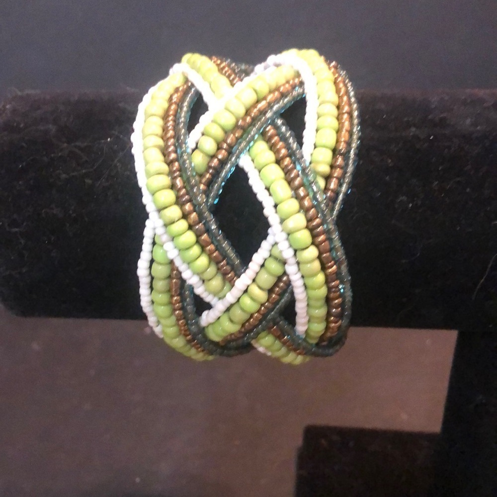 Green and gold beaded wrist cuff bracelet​